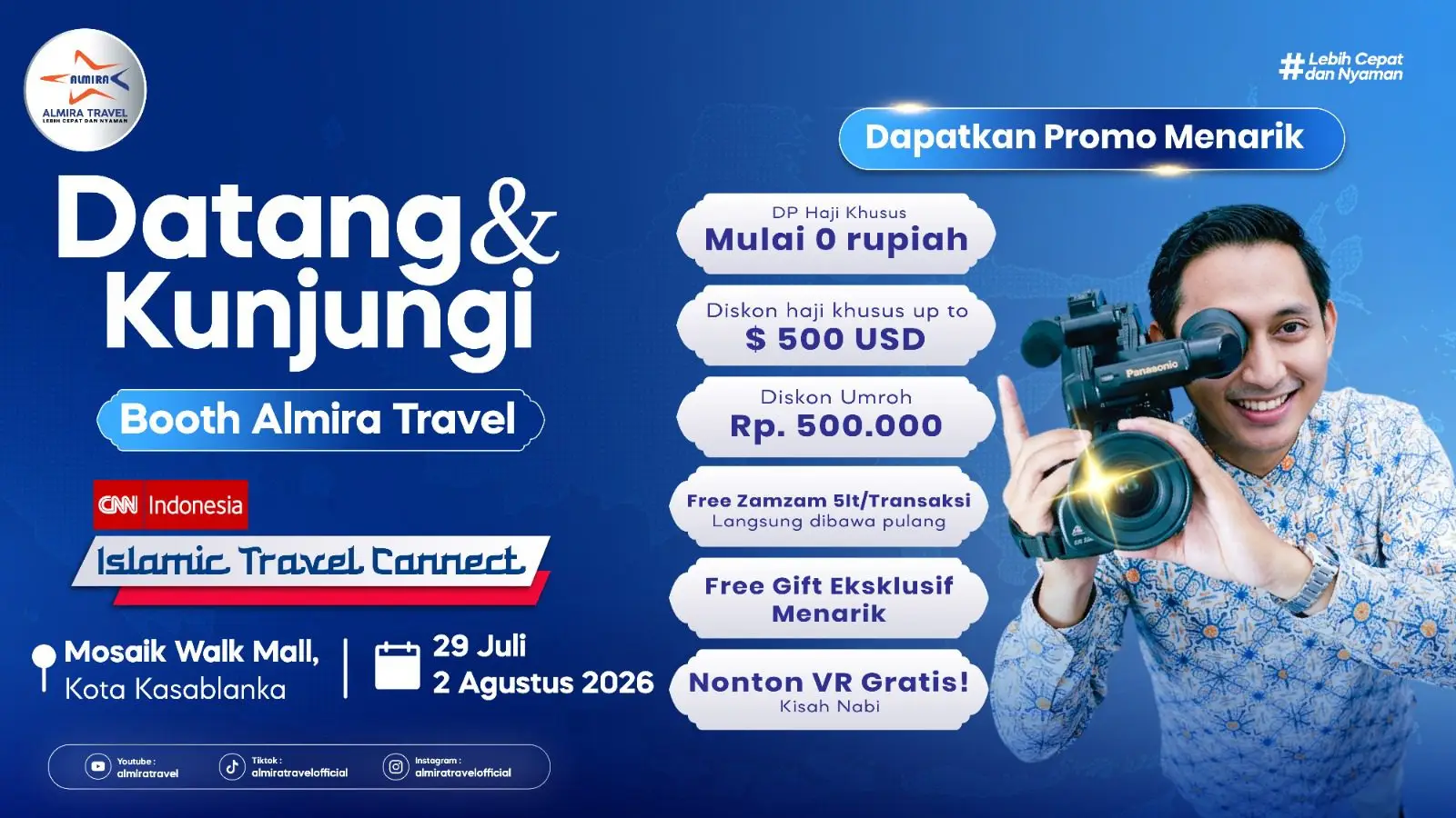 Promotional banner for Alimra Travel booth with a man filming on the right and bold promo details in blue, including dates and discounts.