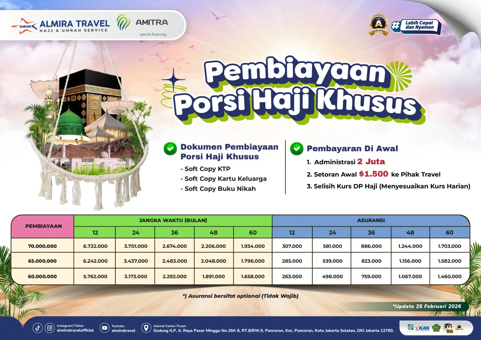 Poster promosi Pembiayaan Porsi Haji Khusus oleh Almira Travel, menampilkan Ka'bah dalam keranjang anyaman di latar langit berwarna pastel. - Almira Travel Poster promosi Pembiayaan Porsi Haji Khusus oleh Almira Travel, menampilkan Ka'bah dalam keranjang anyaman di latar langit berwarna pastel.