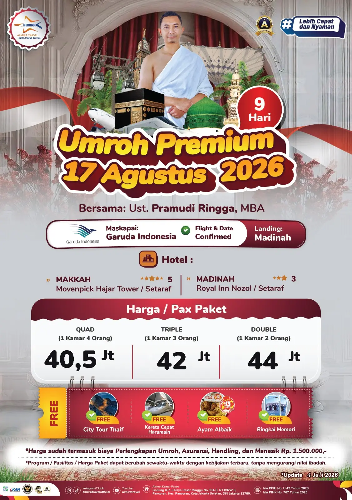 Promotional poster for a 9-day Umroh Premium trip on 17 August 2026, featuring a pilgrim, destinations, and pricing details. - Almira Travel Promotional poster for a 9-day Umroh Premium trip on 17 August 2026, featuring a pilgrim, destinations, and pricing details.