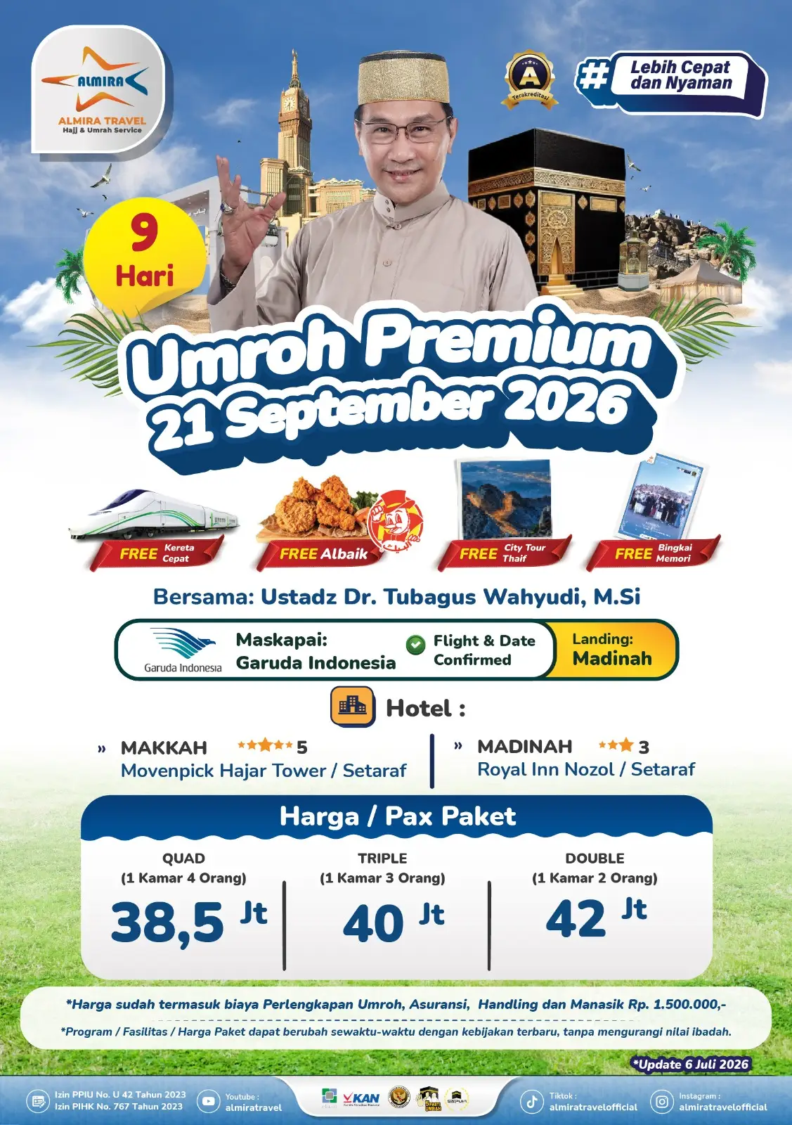 Promotional poster for Umroh Premium package, featuring Kaaba, travel icons, and a smiling host promo date 21 September 2026. - Almira Travel Promotional poster for Umroh Premium package, featuring Kaaba, travel icons, and a smiling host promo date 21 September 2026.