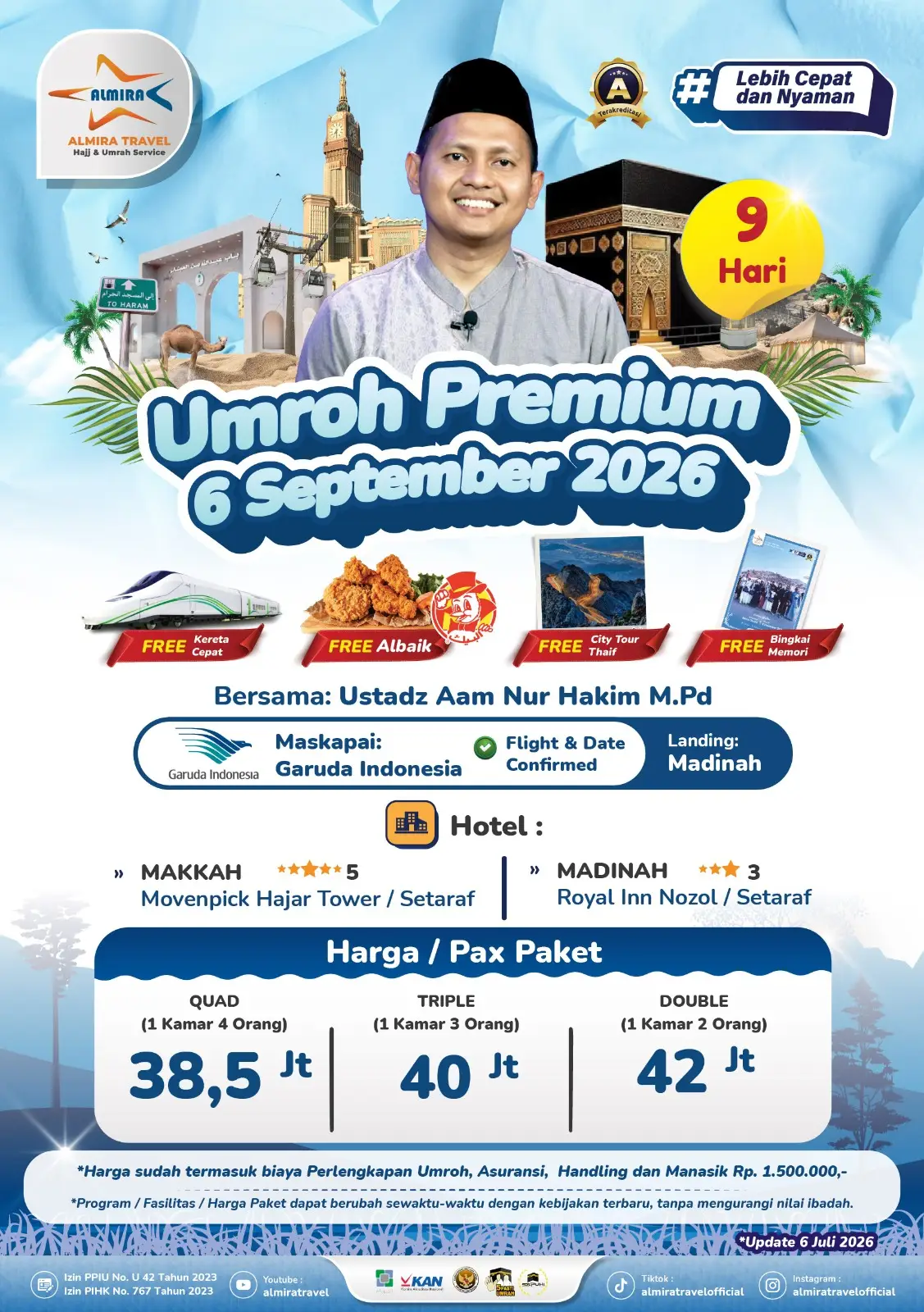 Promotional poster for Umroh Premium 9 Hari starting Sept 6, 2026, featuring host, landmarks, and price options. - Almira Travel Promotional poster for Umroh Premium 9 Hari starting Sept 6, 2026, featuring host, landmarks, and price options.